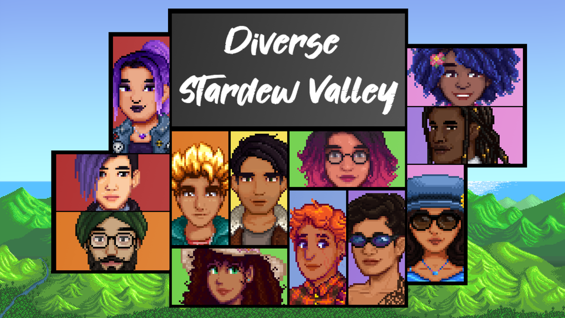 A banner for Diverse Stardew Valley displaying headshots of the marriage candidates.
