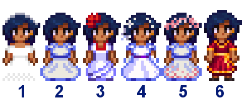  A picture of Diverse Stardew Valley's wedding outfit options for Emily's Romani variant.