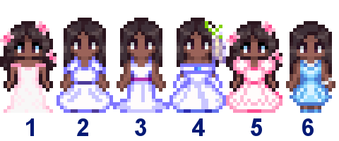  A picture of Diverse Stardew Valley's wedding outfit options for Haley's Black variant.