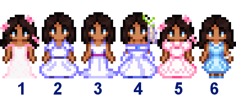  A picture of Diverse Stardew Valley's wedding outfit options for Haley's Romani variant.