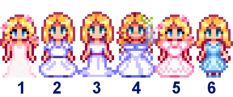  A picture of Diverse Stardew Valley's wedding outfit options for Haley's vanilla variant.
