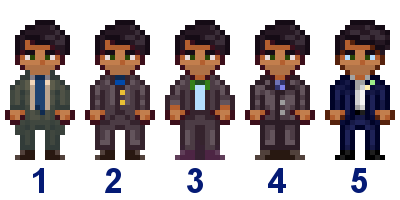  A picture of Diverse Stardew Valley's wedding outfit options for Shane's modded variant.