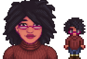  A picture of the character sprites for Diverse Stardew Valley's Modded Notsnufffie and vanilla Maru variants wearing glasses.