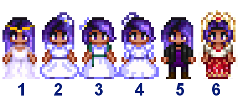 A picture of Diverse Stardew Valley's wedding outfit options for Abigail's modded straight-size variant.