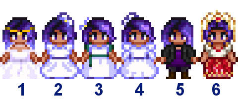 A picture of Diverse Stardew Valley's wedding outfit options for Abigail's modded plus-size variant.
