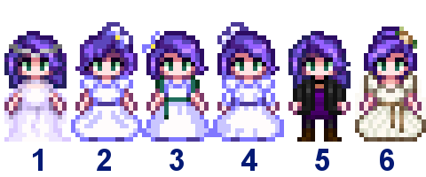A picture of Diverse Stardew Valley's wedding outfit options for Abigail's vanilla straight-size variant.