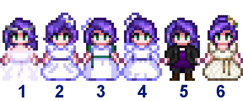 A picture of Diverse Stardew Valley's wedding outfit options for Abigail's vanilla plus-size variant.