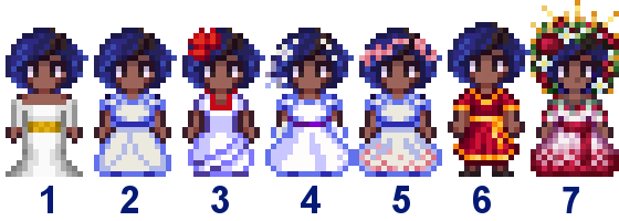  A picture of Diverse Stardew Valley's wedding outfit options for Emily's Black variant.