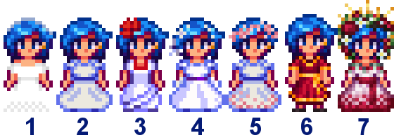 A picture of Diverse Stardew Valley's wedding outfit options for Emily's vanilla variant.