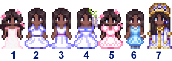  A picture of Diverse Stardew Valley's wedding outfit options for Haley's Black variant.