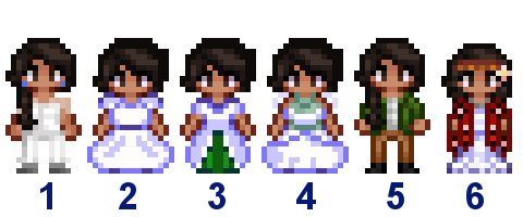  A picture of Diverse Stardew Valley's wedding outfit options for Leah's native variant.