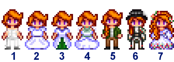  A picture of Diverse Stardew Valley's wedding outfit options for Leah's vanilla variant.