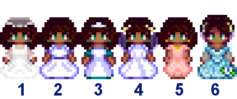  A picture of Diverse Stardew Valley's wedding outfit options for Penny's Mixed variant.