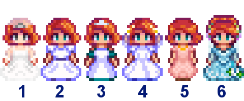  A picture of Diverse Stardew Valley's wedding outfit options for Penny's Modded Airyn Notsnufffie Small variant.