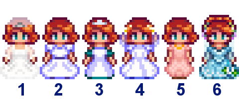  A picture of Diverse Stardew Valley's wedding outfit options for Penny's vanilla variant.