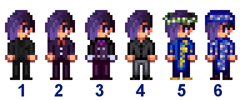  A picture of Diverse Stardew Valley's wedding outfit options for Sebastian's Modded Purple variant.