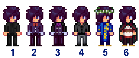  A picture of Diverse Stardew Valley's wedding outfit options for Sebastian's vanilla variant.