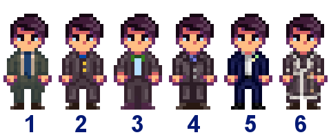  A picture of Diverse Stardew Valley's wedding outfit options for Shane's vanilla variant.
