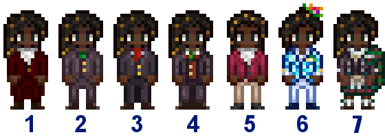  A picture of Diverse Stardew Valley's wedding outfit options for Elliott's modded variant.