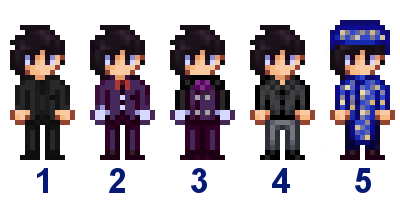  A picture of Diverse Stardew Valley's wedding outfit options for Sebastian's Modded Black variant.