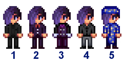  A picture of Diverse Stardew Valley's wedding outfit options for Sebastian's Modded Purple variant.
