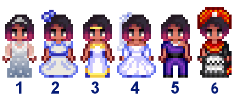  A picture of Diverse Stardew Valley's wedding outfit options for Maru's Modded Notsnufffie variant.