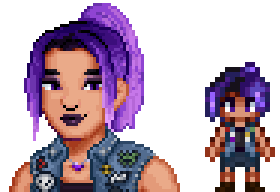 A picture of Diverse Stardew Valley's modded straight-size option for Abigail's portrait and character sprite..