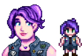 A picture of Diverse Stardew Valley's vanilla plus-size option for Abigail's portrait and character sprite..