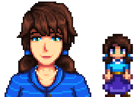 A picture of Airyn's vanilla brown-haired Caroline add-on pack from Diverse Stardew Valley.
