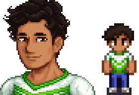A picture of Diverse Stardew Valley's Mexican option for Alex's portrait and character sprite.