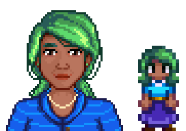 A picture of Alkanthe's modded green-haired Caroline add-on pack from Diverse Stardew Valley.