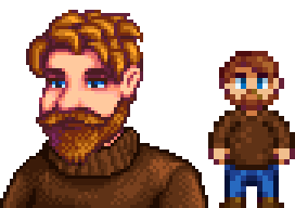  A picture of Diverse Stardew Valley's modded Clint variant with facial scarring around his eye and cheek.