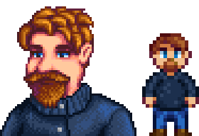  A picture of Diverse Stardew Valley's vanilla option for Clint's portrait and character sprite.