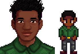  A picture of Diverse Stardew Valley's Modded Dark Skin option for Demetrius's portrait and character sprite.