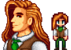  A picture of Diverse Stardew Valley's vanilla option for Elliott's portrait and character sprite.