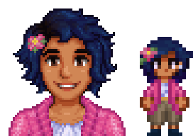 A picture of Diverse Stardew Valley's Romani option for Emily's portrait and character sprite.