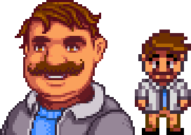  A picture of Diverse Stardew Valley's vanilla option for Gus's portrait and character sprite.