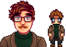  A picture of Diverse Stardew Valley's vanilla option for Harvey's portrait and character sprite.