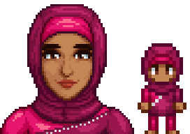 A picture of Diverse Stardew Valley's modded Jodi wearing her alternate swimsuit, a pink and fuschia hijab swimsuit.