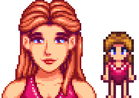 A picture of Diverse Stardew Valley's vanilla Jodi wearing her alternate swimsuit, a pink and fuschia one-piece.