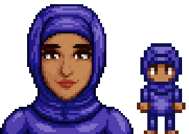 A picture of Diverse Stardew Valley's modded Jodi wearing her alternate swimsuit, an indigo hijab swimsuit.