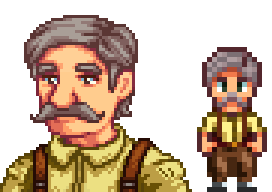  A picture of Diverse Stardew Valley's vanilla option for Lewis's portrait and character sprite.