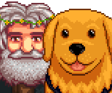  A picture of Diverse Stardew Valley's vanilla option for Linus's portrait alongside his service dog Marigold.