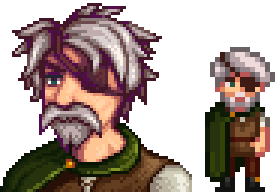  A picture of Diverse Stardew Valley's vanilla option for Marlon's portrait and character sprite.