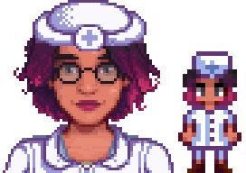  A picture of Diverse Stardew Valley's Modded Notsnufffie Maru variant wearing a white nurse outfit.