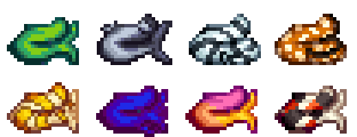  A picture of the four modded mermaid fish half options in Diverse Stardew Valley.