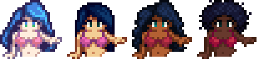  A picture of the four modded mermaid human half options in Diverse Stardew Valley.
