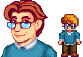 A picture of Diverse Stardew Valley's vanilla option for Pierre's portrait and character sprite.