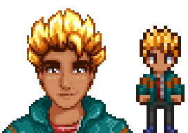  A picture of Diverse Stardew Valley's Modded Darker option for Sam's portrait and character sprite.