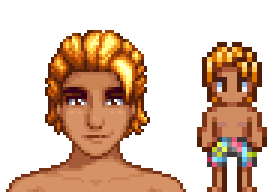 A picture of Diverse Stardew Valley's Sam wearing his alternate swimsuit, black board shorts with neon pink, yellow, and blue patches.